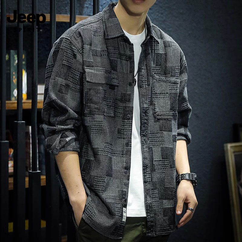 JEEPSPIRIT吉普衬衫夹克外套男士春秋新款宽松休闲潮流长袖衬衣