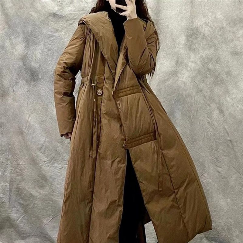 波司登羽绒服女过膝长款连帽设计感90白鸭绒中欧韩货收腰抽绳显瘦