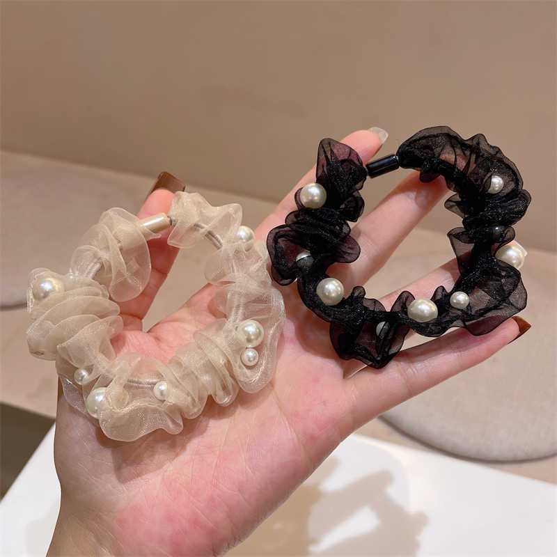 韩版欧根纱钉珍珠发圈仙气网纱弹力扎发皮筋少女时尚肠圈纯色发绳