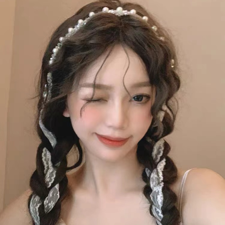 超仙法式水晶珍珠绑发飘带女蕾丝发带森系仙美网红2024年新款发饰