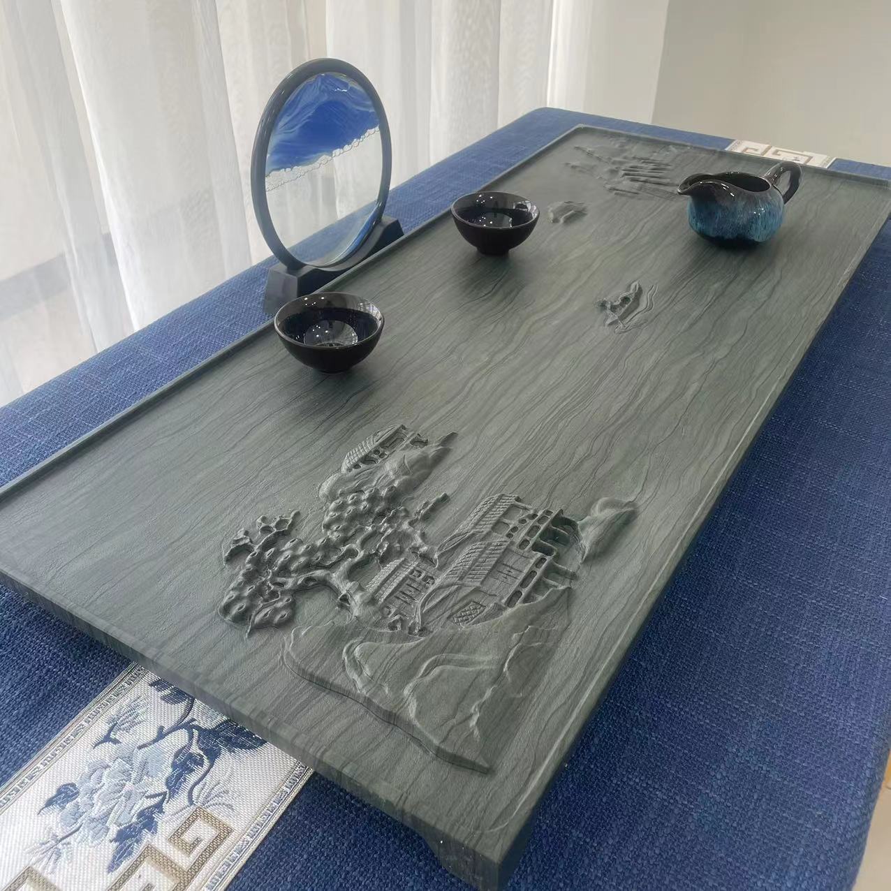 天然木纹石茶盘寒江孤影家用办公茶台茶几