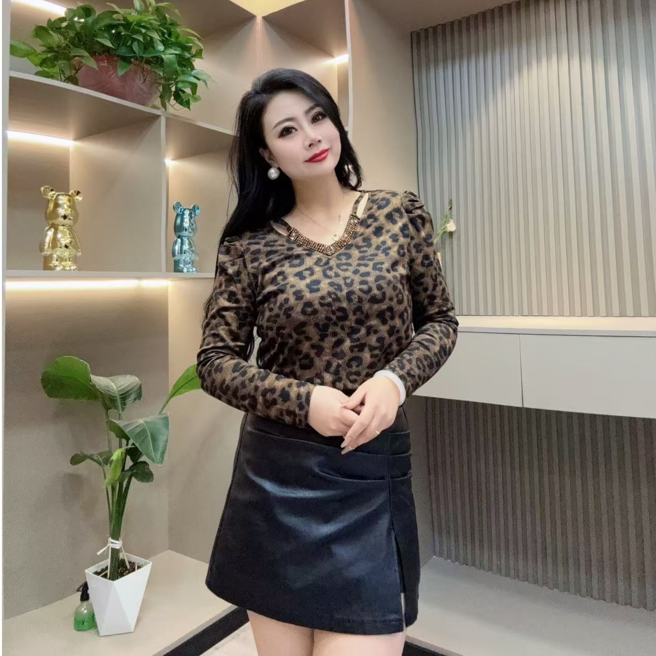 秋季小衫-酷 3405时尚气质花纹亮闪领绳显瘦百搭胖MM大码女装新款