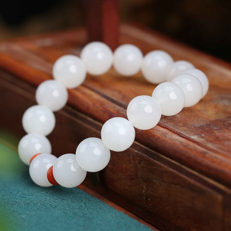 【鑫浩矿业】新疆和田玉-高品白玉猫卡12mm手串一条 素圈单圈玉手串