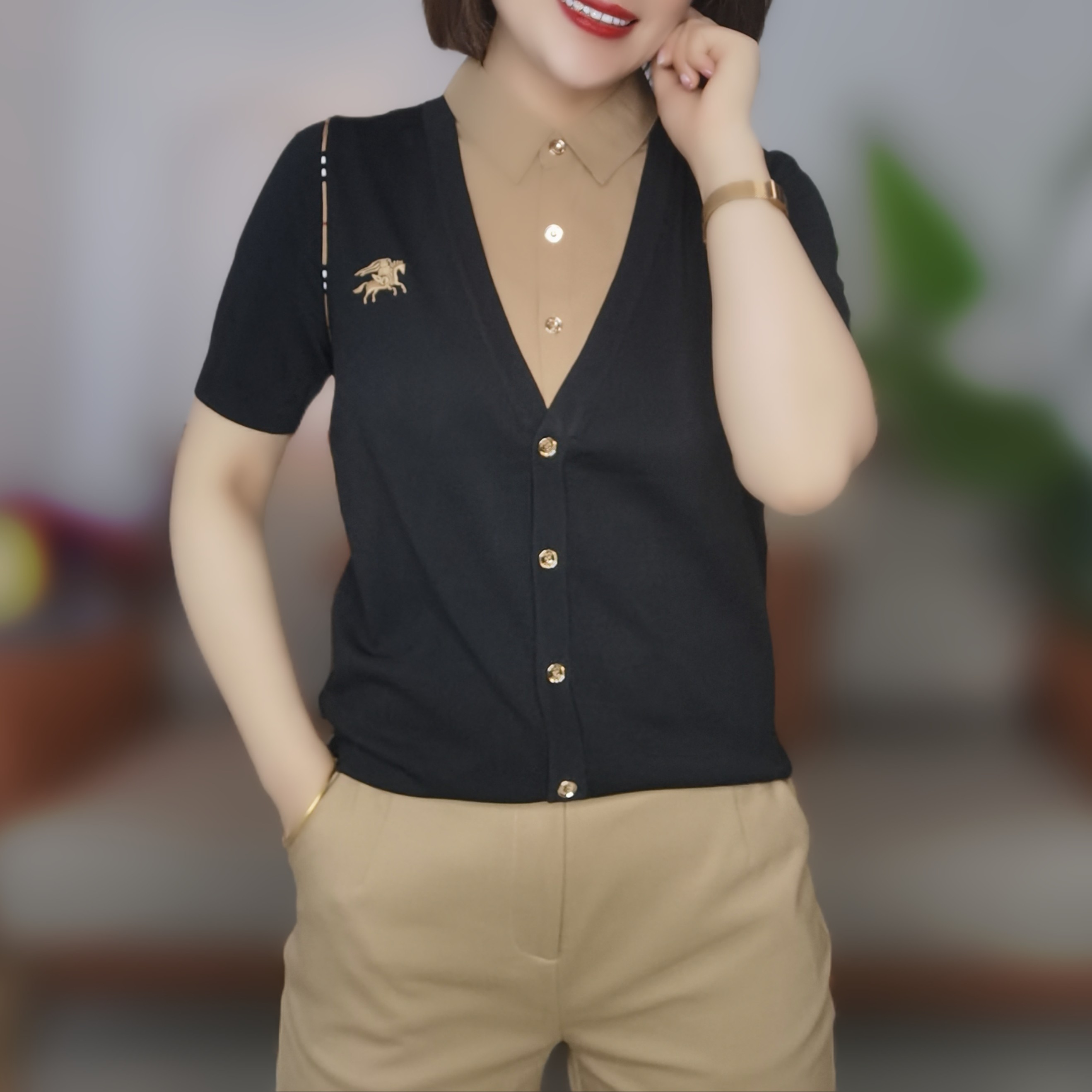 伴月伊人直角肩假两件衬衣A11056【开衫气质针织针织衫时尚百搭】