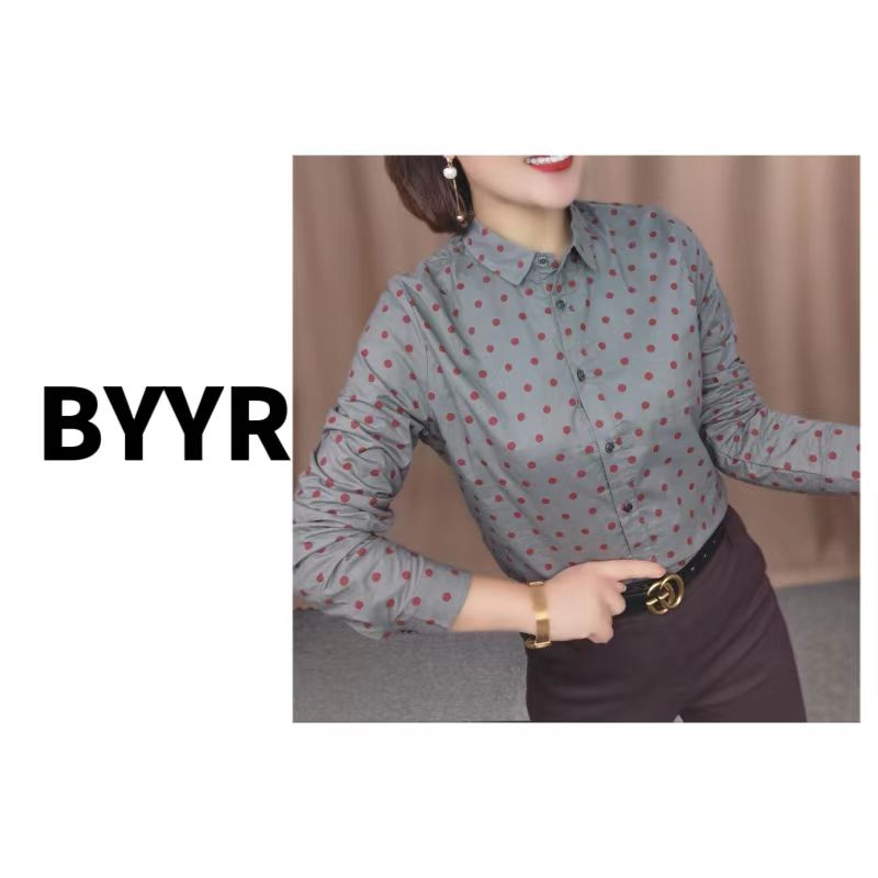伴月伊人灰红波点加绒衬衣衬衫长袖时尚百搭气质打底女士翻领X