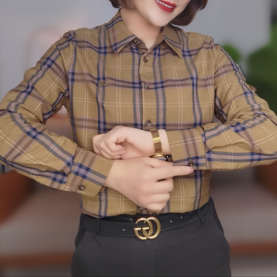 伴月伊人福利款撞色格子加绒衬衣93688