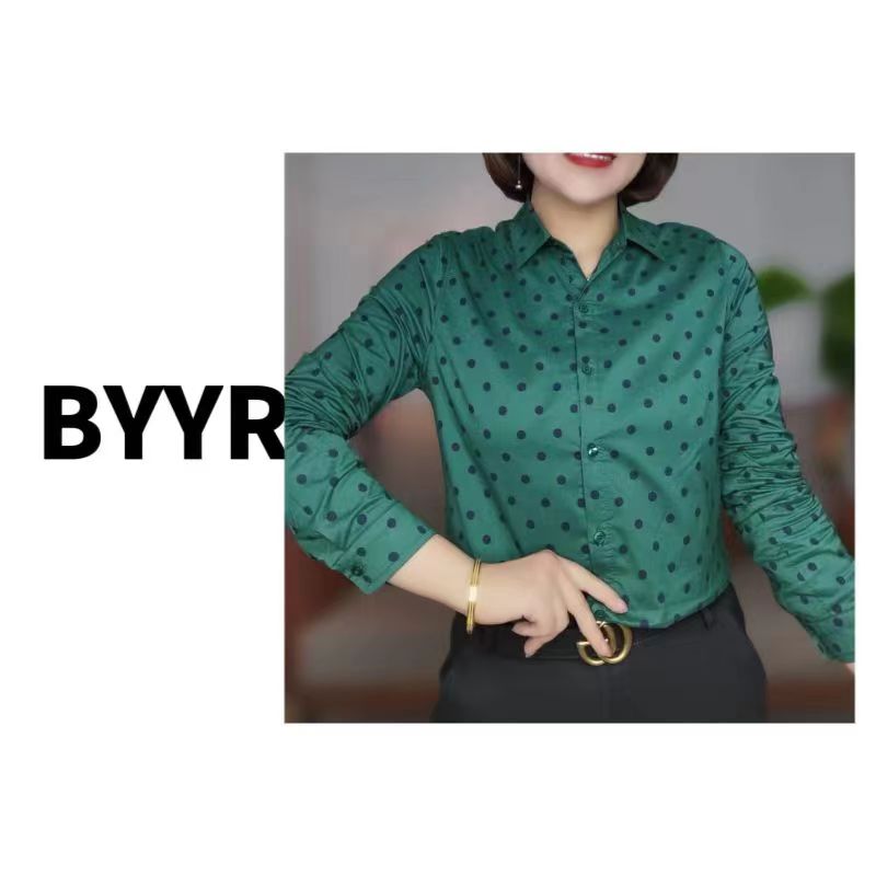 伴月伊人绿色波点加绒秋季衬衣长袖时尚百搭上衣气质衬衫女洋气