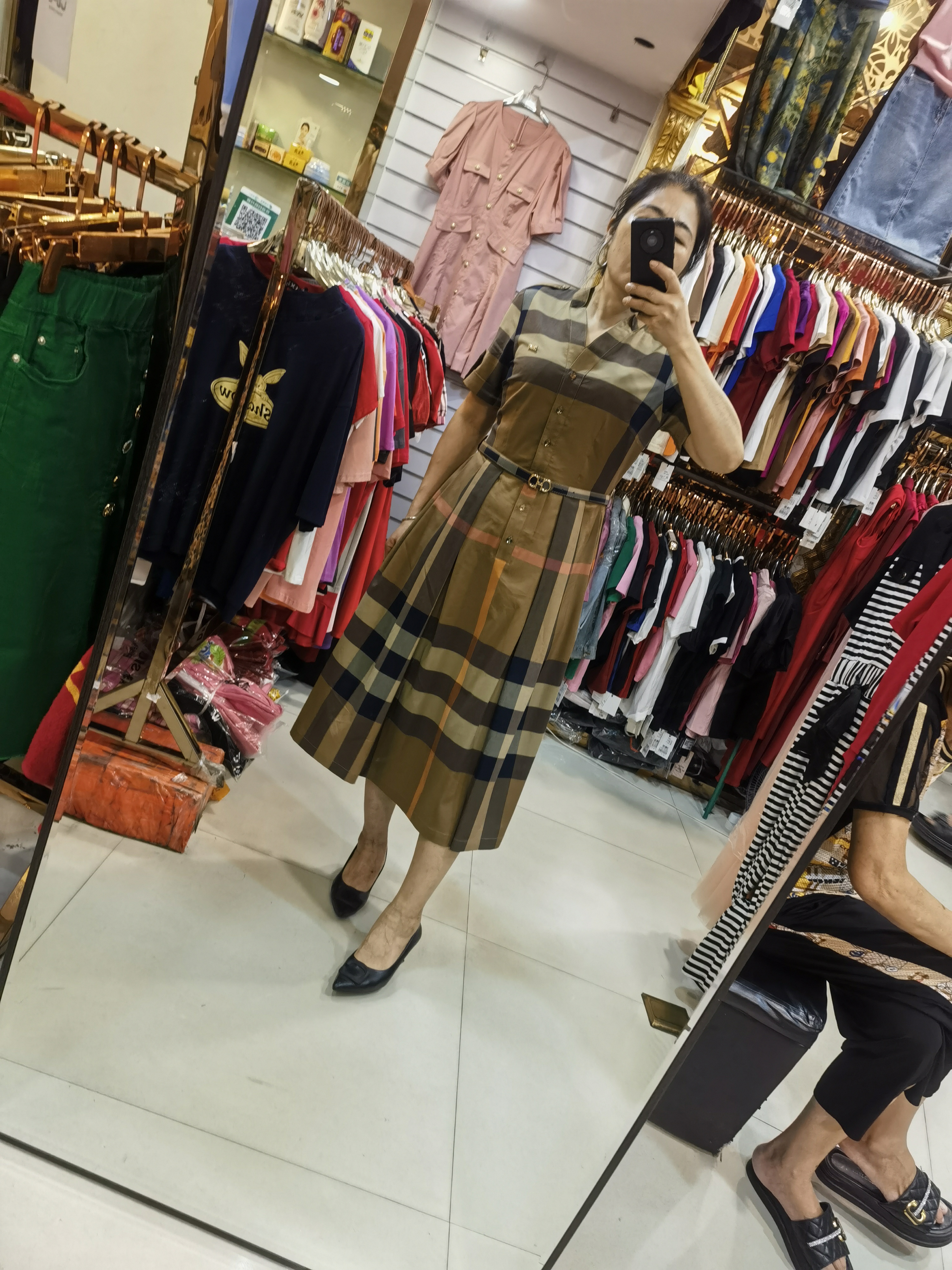 格子时尚长连衣裙