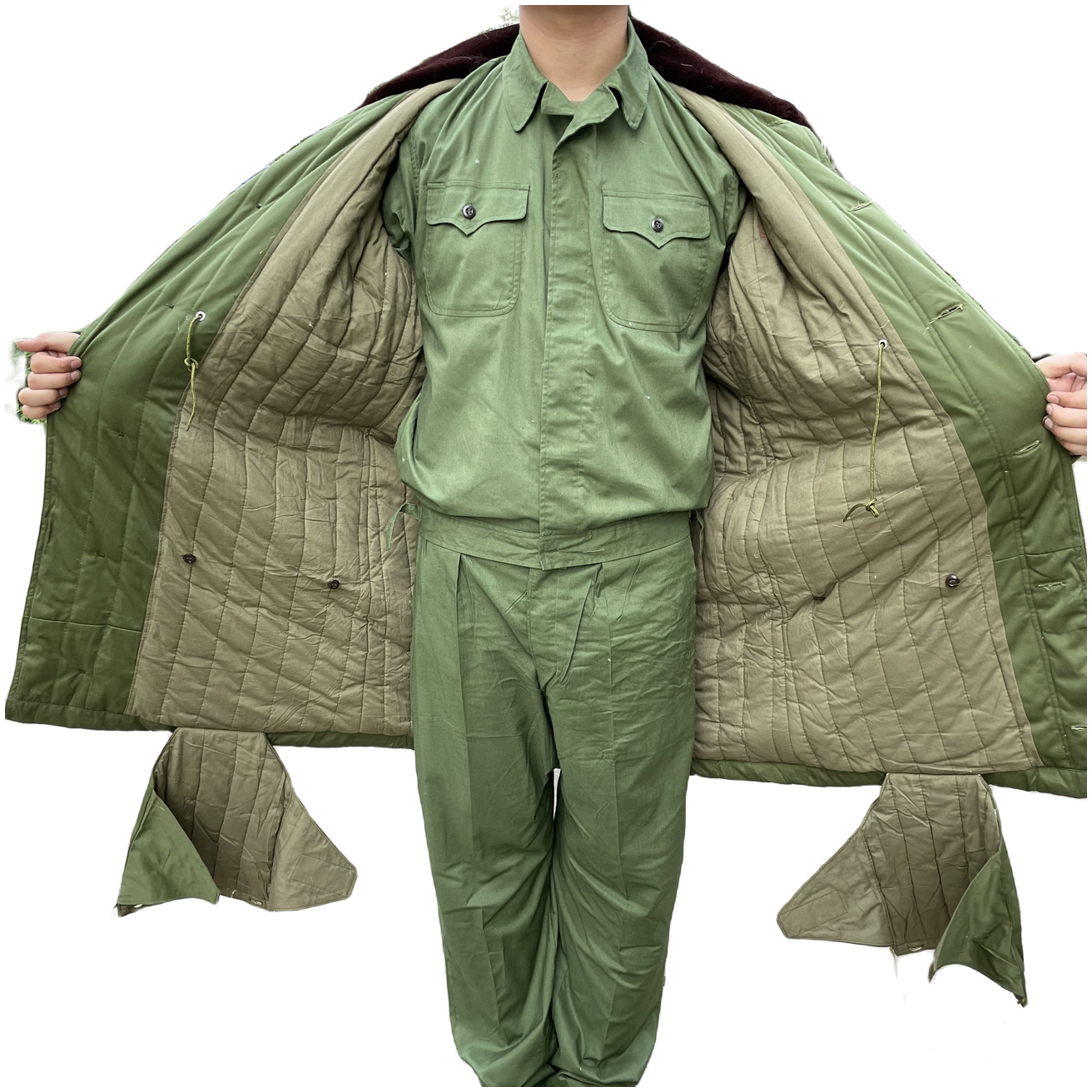 扒柒连帽棉大衣中长款加厚棉衣防寒保暖休闲男士绿色棉大衣