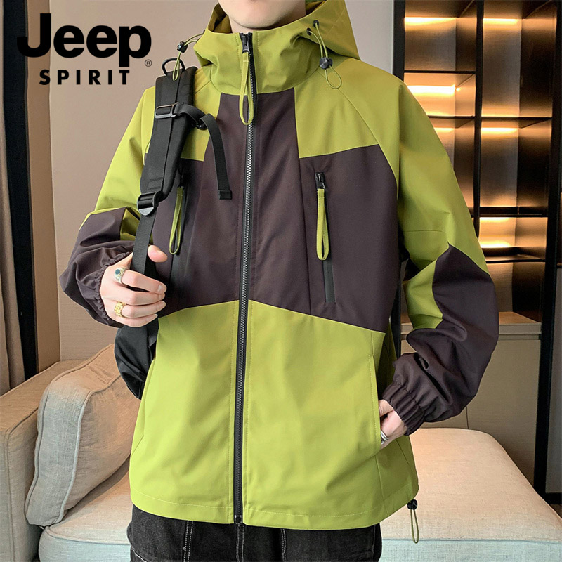 Jeep吉普连帽夹克男士春秋新款宽松百搭时尚拼色户外防风工装外套