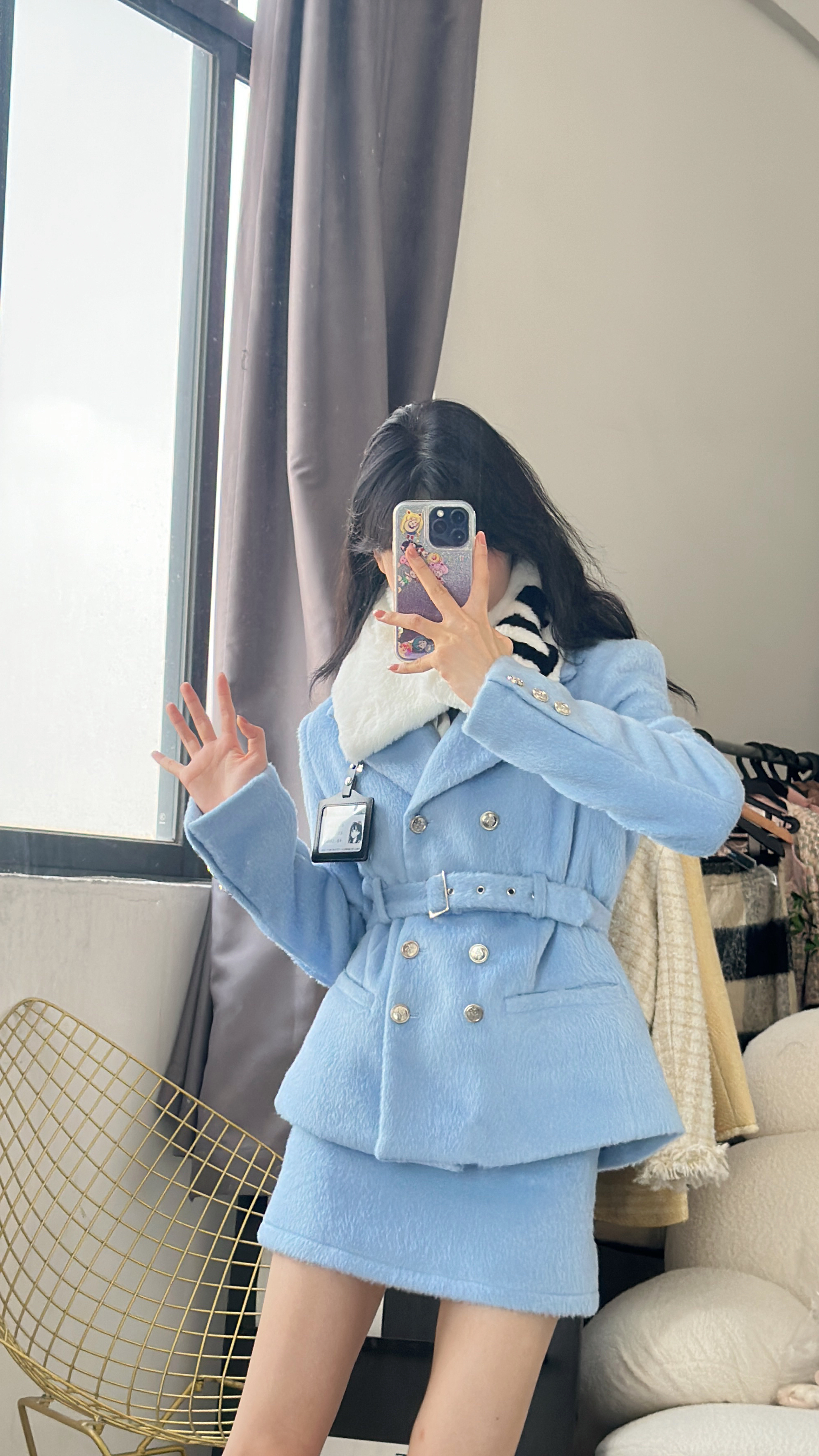 小小仟 雪国女孩 千金学院外套羊毛呢美式学院冬款baby蓝色套装