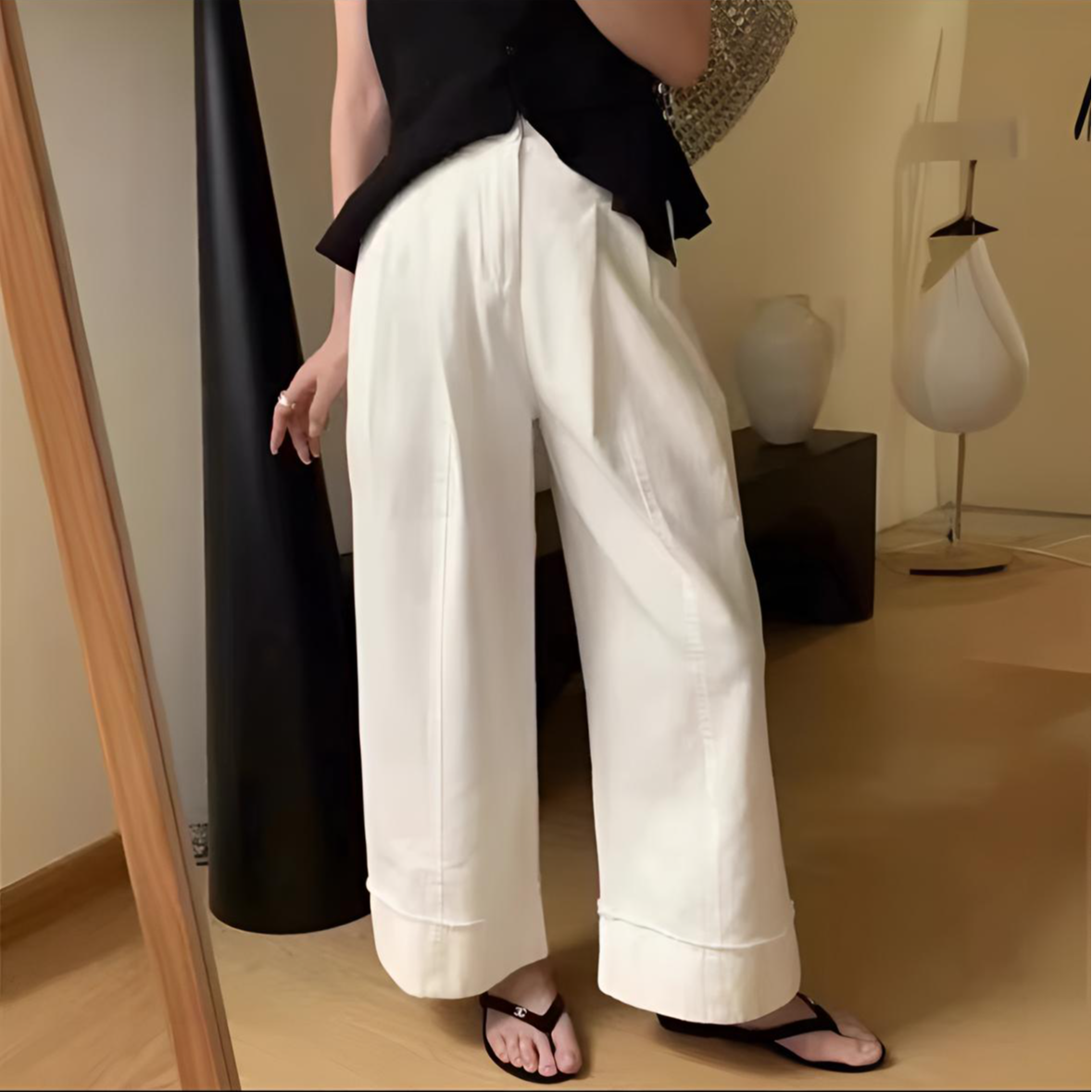 2025春夏复古设计感拼接毛边工艺阔腿裤1032