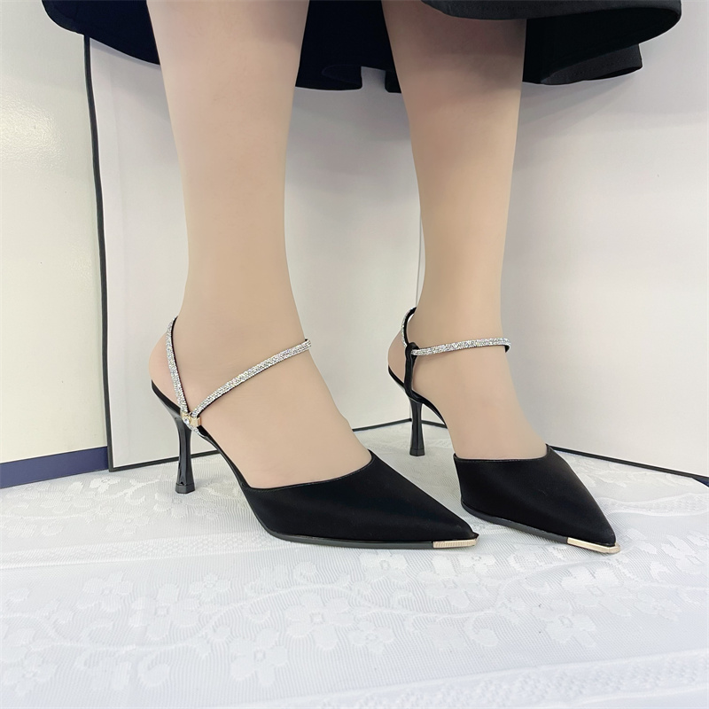 2024年新款春夏季高跟女鞋后空一字带防踢气质网红性感细跟小格子