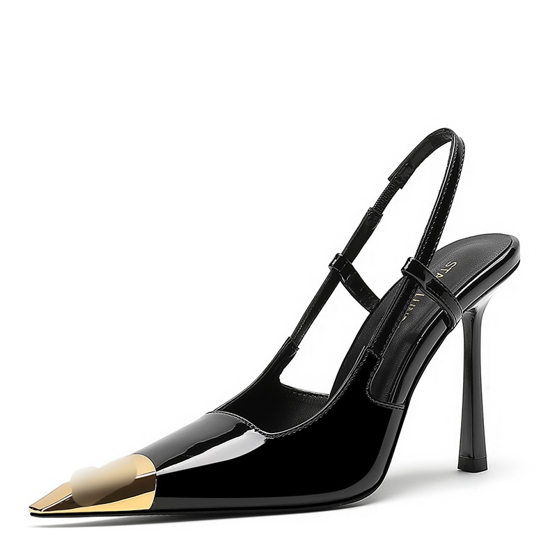 漆皮金属小方头细跟后空性感舒适柔软法式包头后空凉鞋仙女风凉鞋