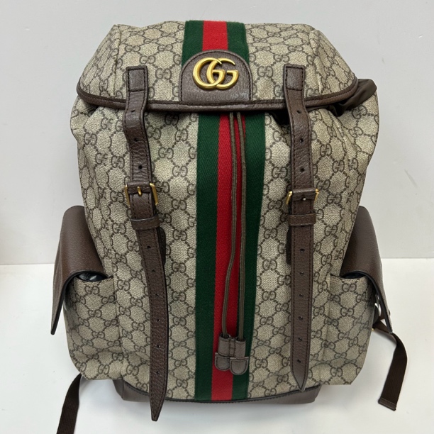 95新 GUCCI/古驰 98新双G金属扣红绿条纹双肩包875