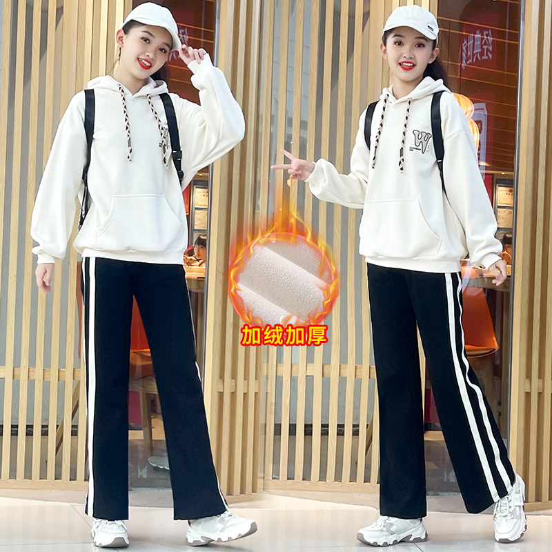 女童冬款加绒套装2024学生休闲冬季中大童时髦洋气初中生加绒套装