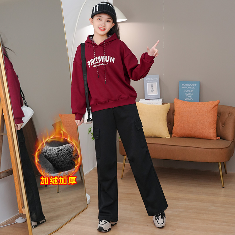 女童加绒套装2025冬装新款女孩青少年学生休闲新年战袍儿童套装