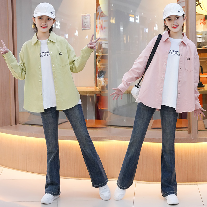 女童2025新款秋装衬衫外套纯棉衬衣青少年中学生时尚休闲长袖套装