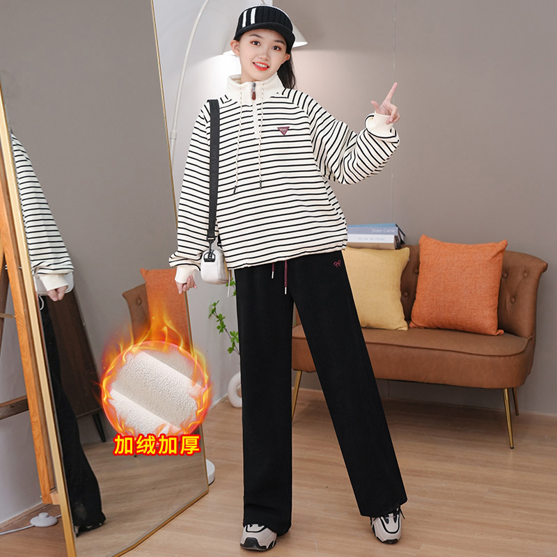 女童加绒套装2025新款青少年学生女孩加绒加厚立领卫衣休闲两件套