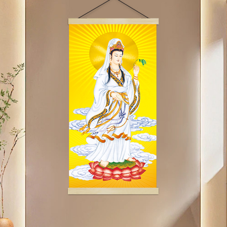 观音佛像挂画观世音菩萨画像布艺卷轴画装饰画佛堂玄关画家用竖