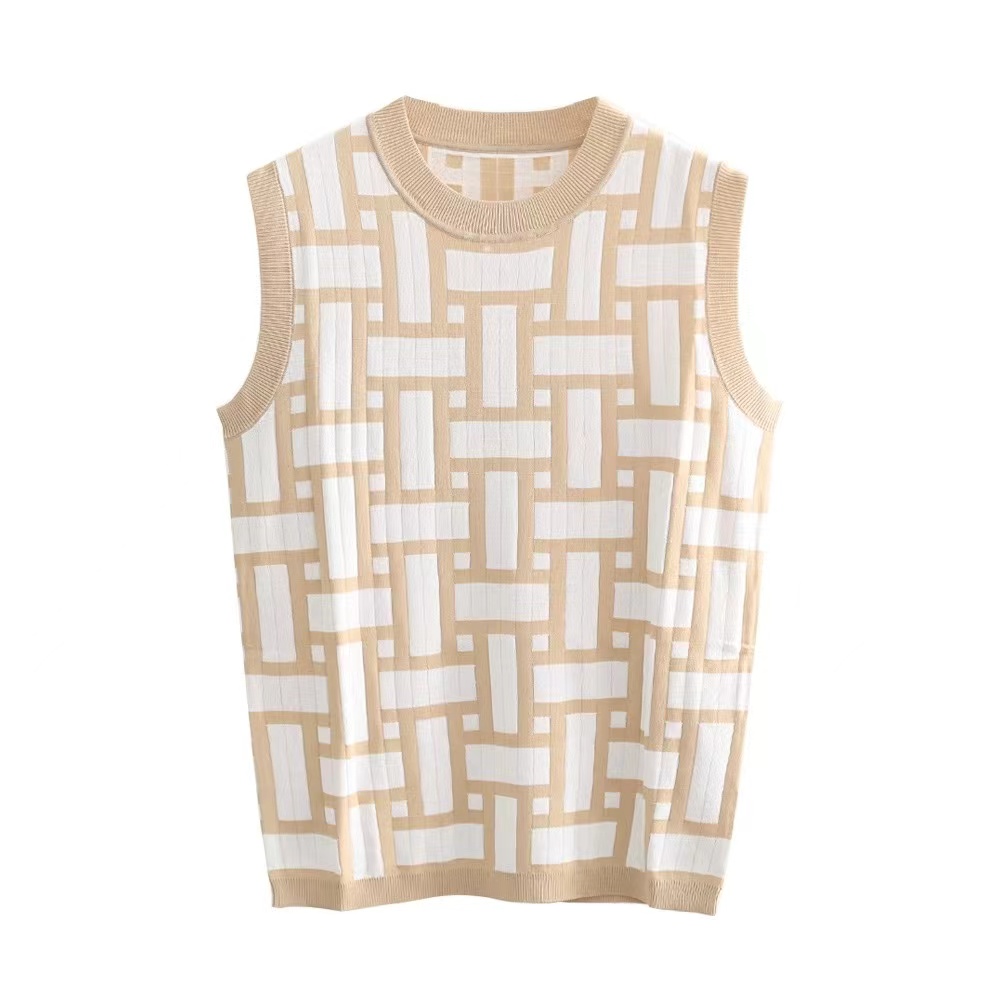 毛衣针织衫气质新款女装经典圆领拼色格纹提花百搭针织背心0059
