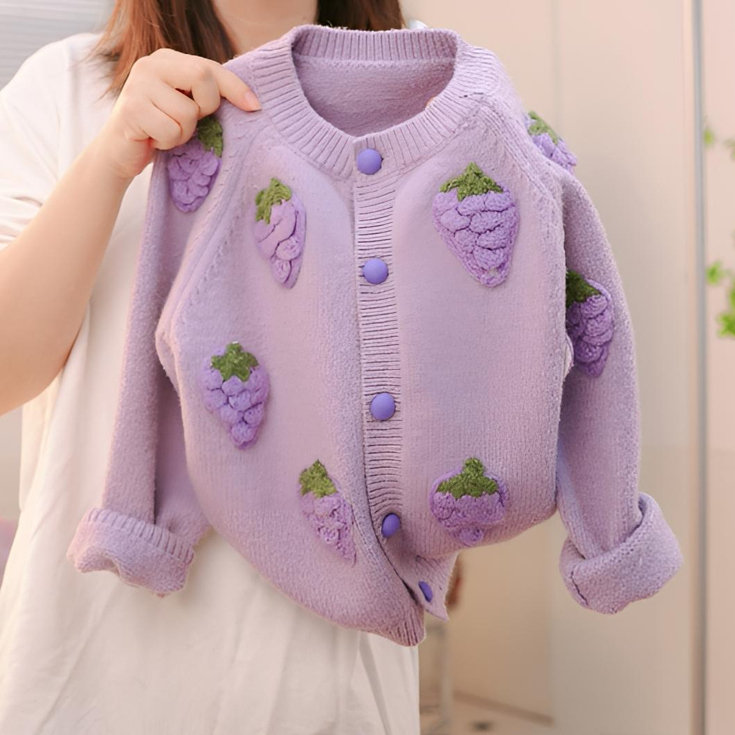 女童毛衣开衫2024新款秋冬装儿童针织外套小女孩洋气葡萄毛线衣服