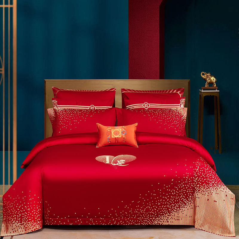 紫薇星-新款长绒棉精绣工艺款婚庆四件套大红刺绣纯棉被套床品