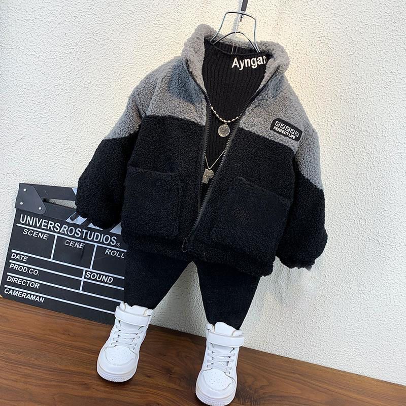 叶萌男童加绒外套秋冬洋气年新款宝宝冬装羊羔毛衣服儿童加厚衣