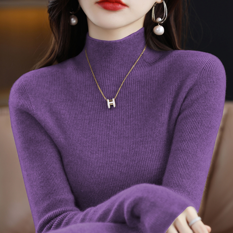 配大衣的内搭毛衣女秋冬新款紫色半高领修身软糯不起球针织打底衫