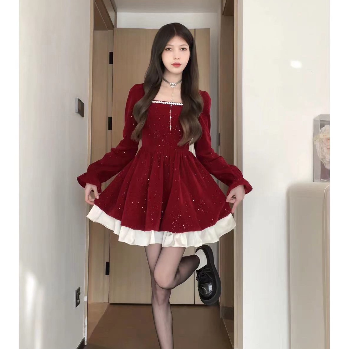 【圣诞节礼物】法式复古红色方领连衣裙女秋冬高级感甜美收腰蓬蓬
