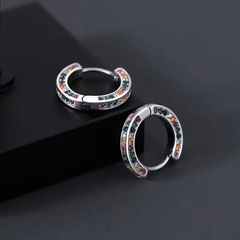 五彩斑斓高级感耳扣精致镶彩色仿锆石耳环男文艺ins风简约女耳饰