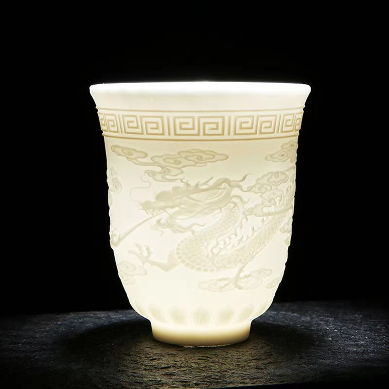 【1元亏本福利】龙凤杯浮雕羊脂白瓷主人杯瓷大号茶盏茶杯陶瓷