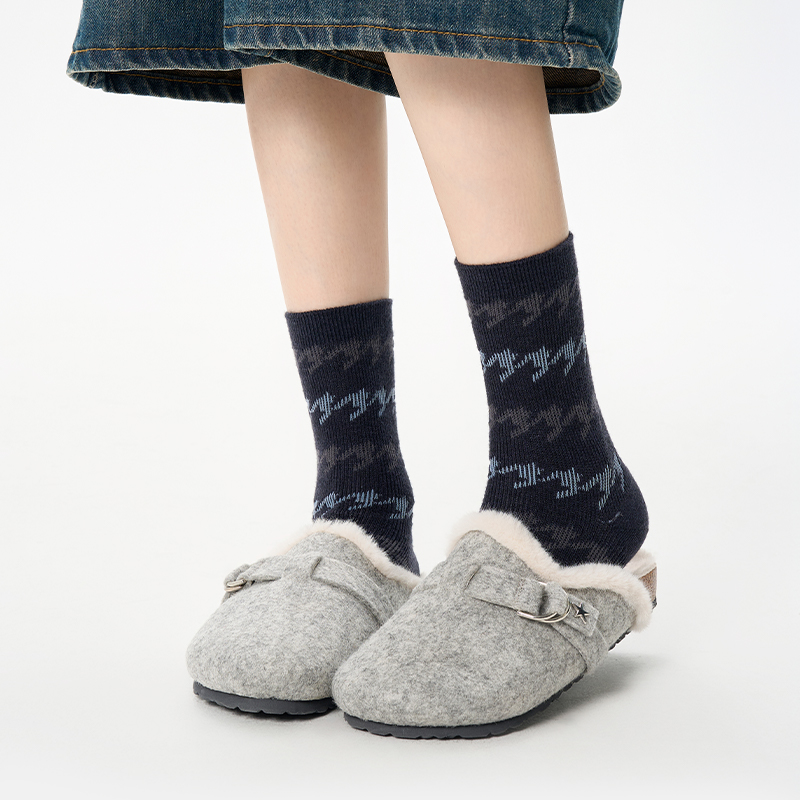 primeet/派米羊毛袜女秋冬中筒袜复古菱格加厚袜子女秋冬