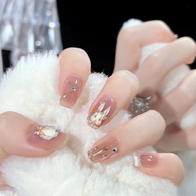 【森系兔子】【喵公子】纯手工穿戴甲可拆卸美甲光疗甲 气质裸色冰透