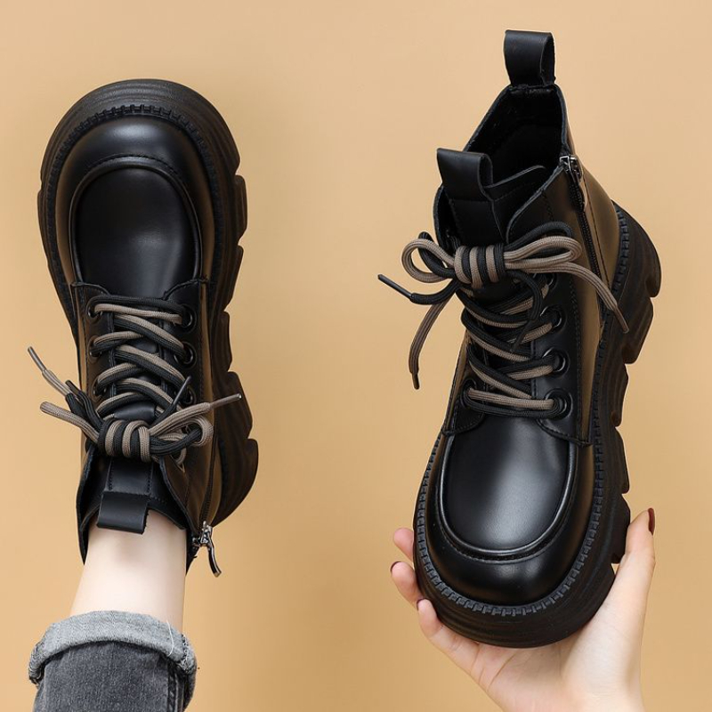 真软皮厚底加绒秋冬马丁靴女2024秋季新款英伦风增高单靴黑色短靴