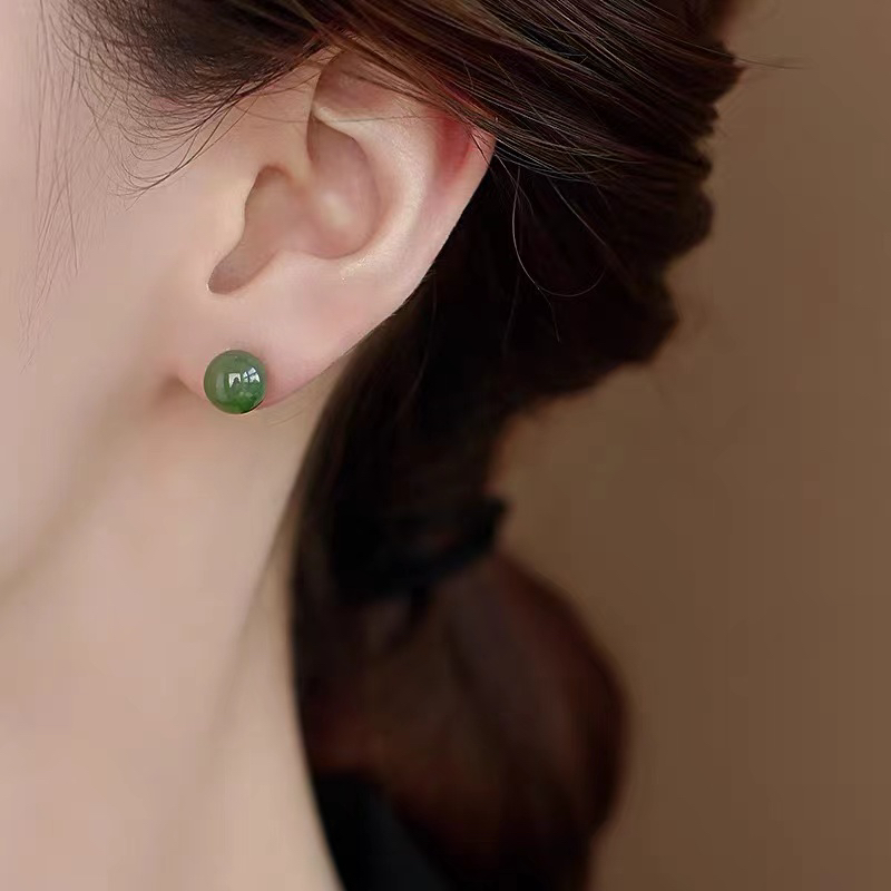 和田玉碧玉圆珠耳钉s925银（多样性发货）