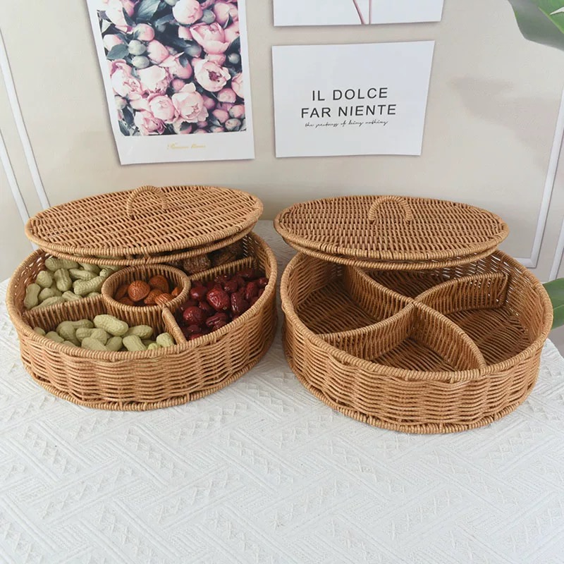 w1仿藤新中式编织国风圆型带盖分格收纳托盘手工网红家用点心盘