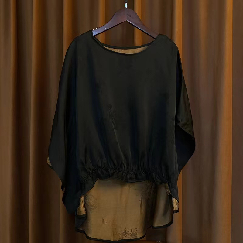 香云纱100桑蚕丝设计师款香云纱斗篷款上衣新中式国风圆领