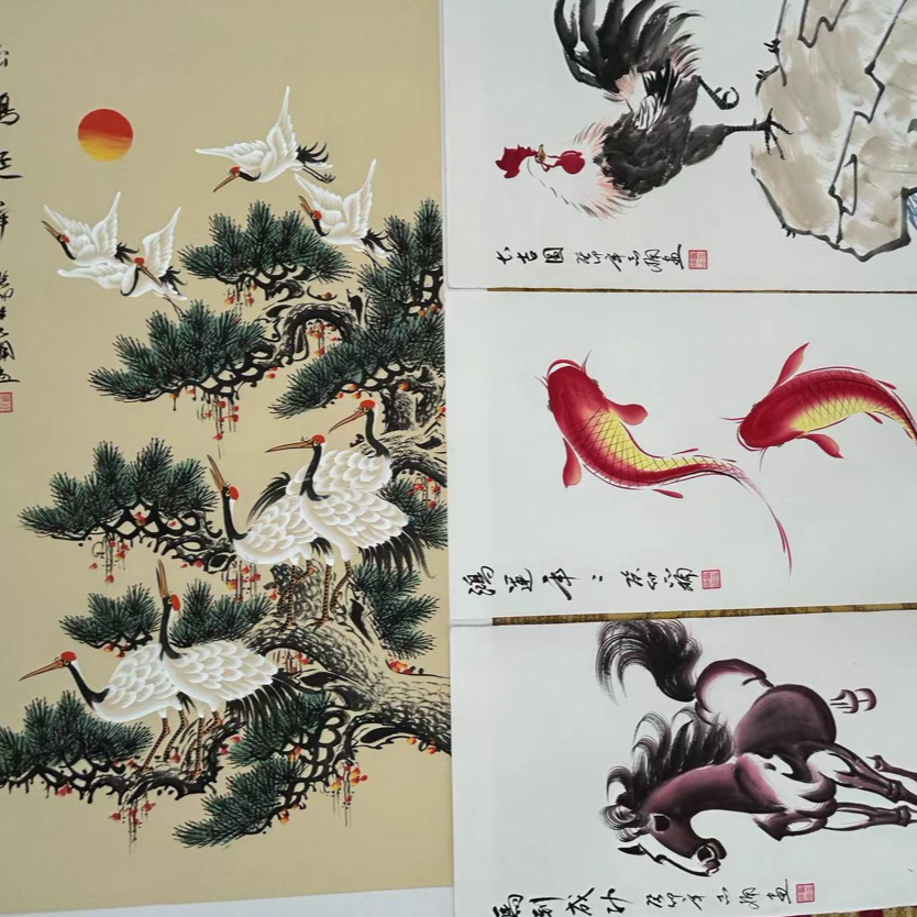 霍志楠国画作品四尺宣纸松鹤延年+三尺（大吉图+鸿运连年+马）