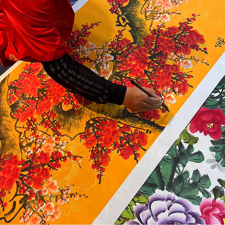 郭春雷手绘国画宣纸作品，小六尺梅开五福+四尺花开富贵