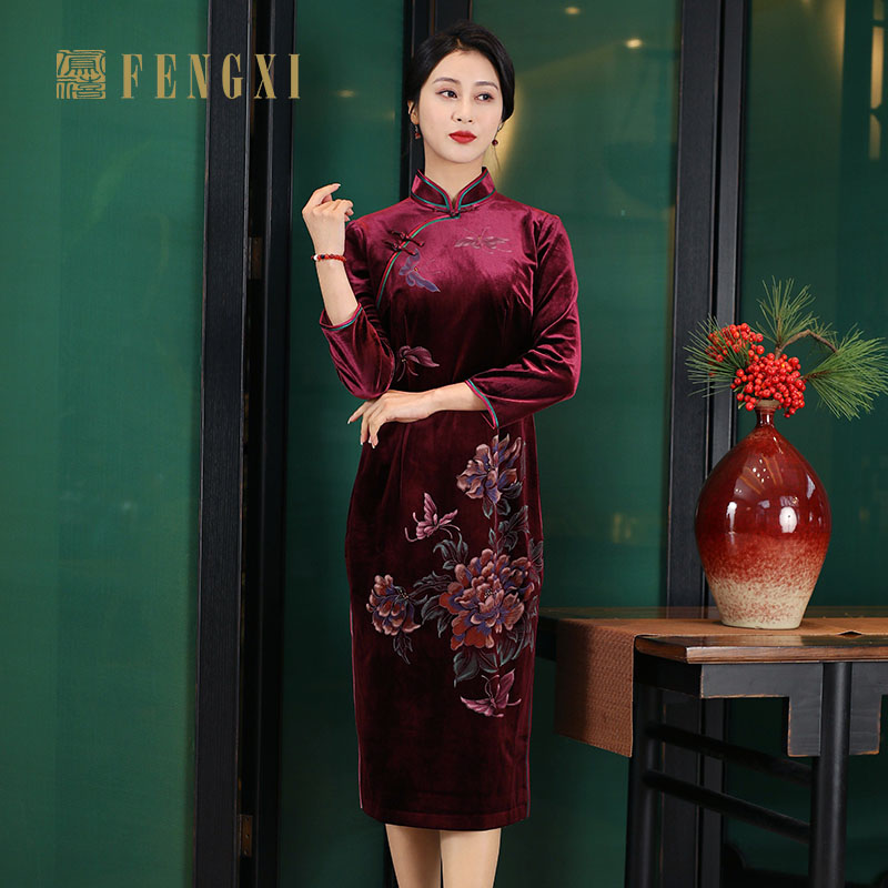 凤禧秋冬暗红丝绒印花喜妈妈喜婆婆旗袍女款高端中年显瘦气质长袖