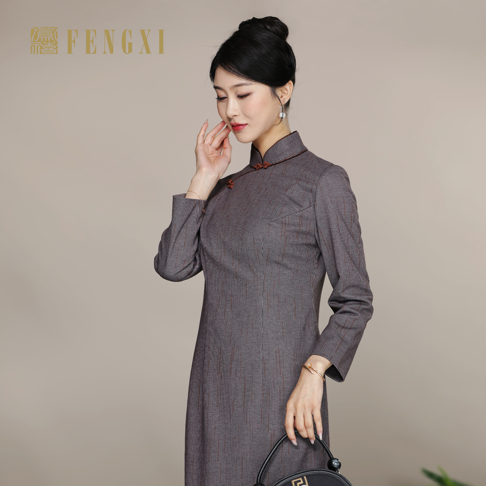 凤禧秋冬款针织格子经典复古日常商务旗袍修身女士中长款