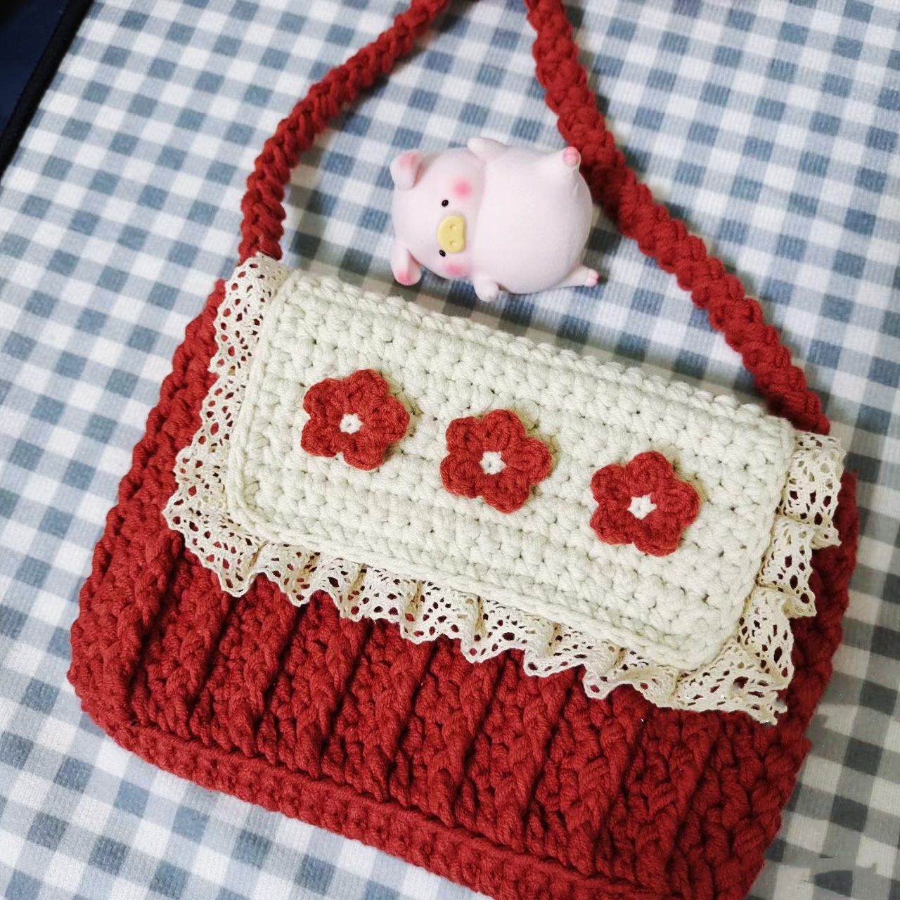 复古小花手机包手工编织包包diy材料包毛线钩针山茶花祖母格包包