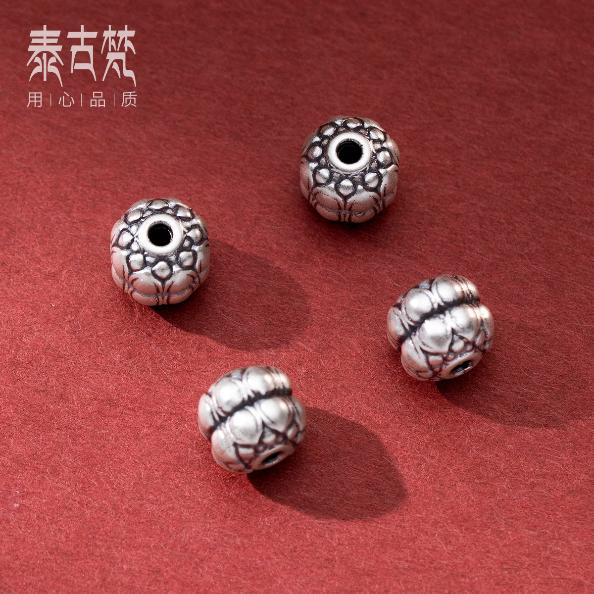吊坠足银 【满19包邮】0039-做旧3D银10mm花纹桶珠手工diy编绳配件