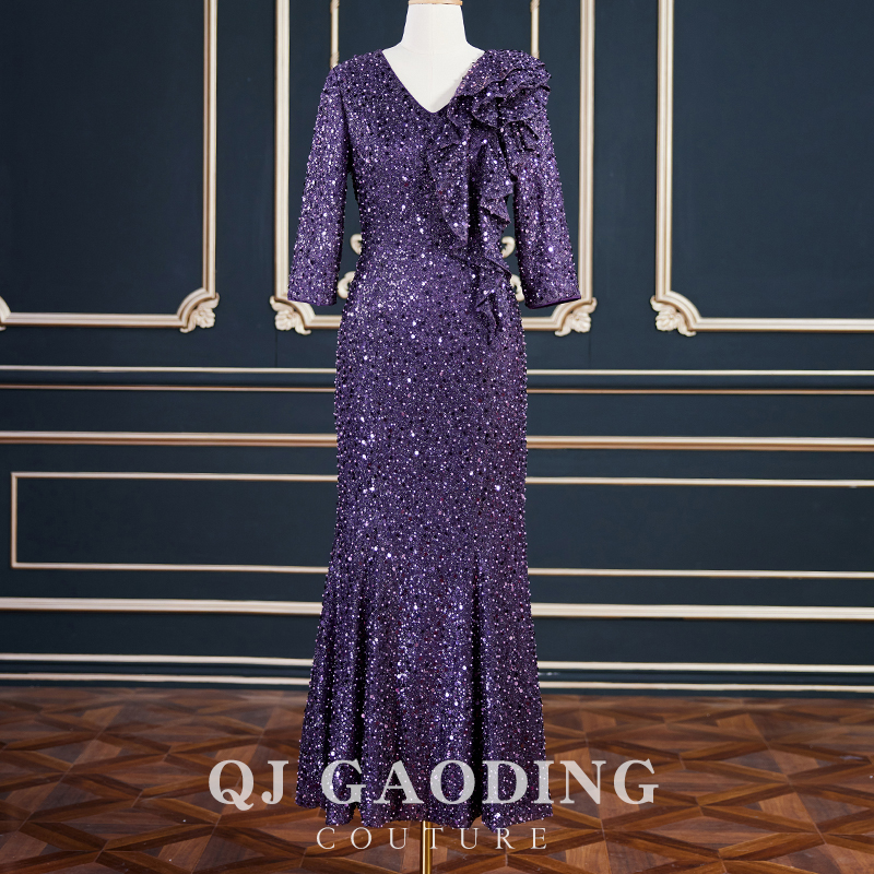 酒红色洒金亮片气质显瘦上台迎宾敬酒婚宴喜婆婆喜妈妈礼服N012