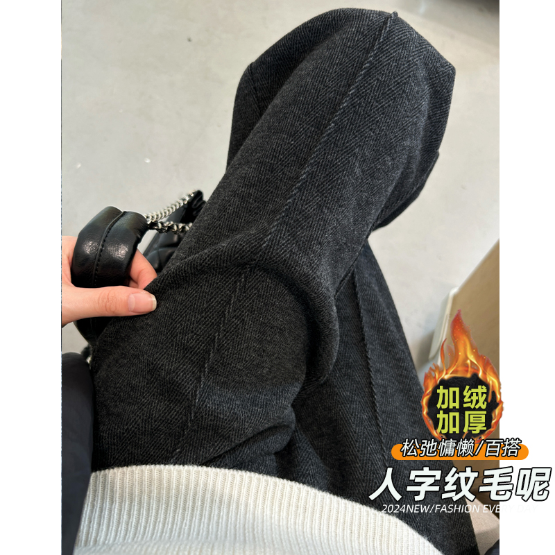 黑灰色加绒保暖窄版阔腿裤子女2025秋季新款高腰直筒人字纹毛呢裤