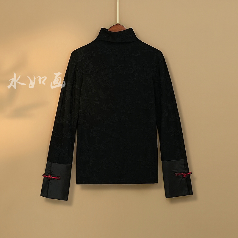 【何欢】2023新款秋冬打底衫女新中式国风绣花半高领加厚长袖T恤衫