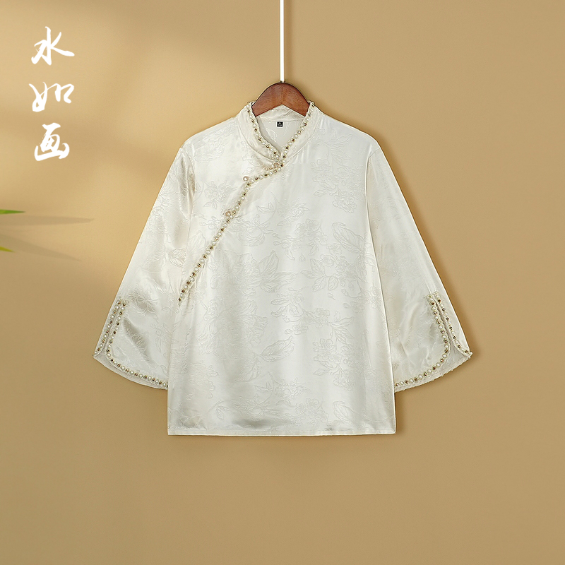 【富家千金】2024新款秋季国风上衣新中式国风宽松立领人丝衬衫女款