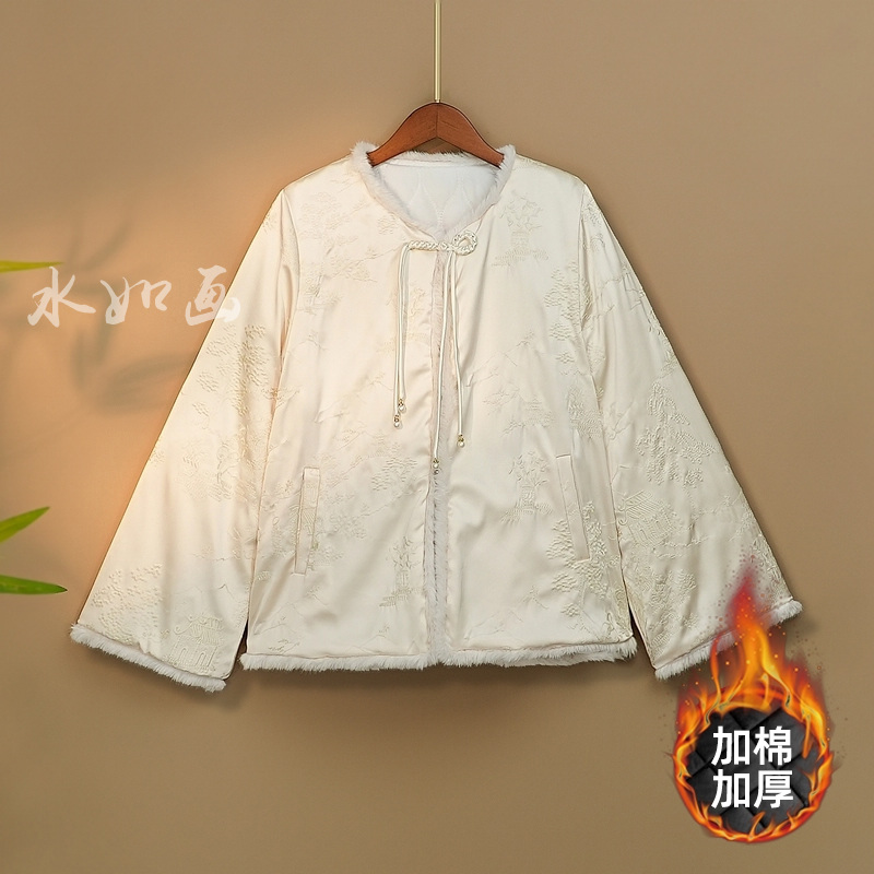 【明绣】加棉加厚秋冬季气质棉外套新中式宽松圆领绣花保暖上衣女款