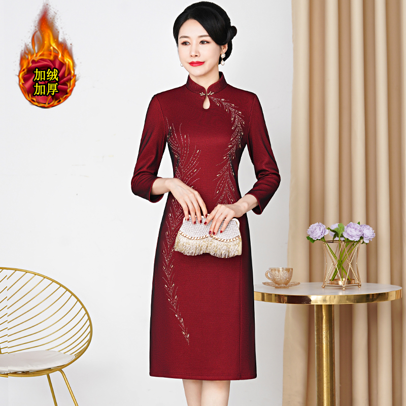 喜婆婆婚宴礼服婚礼妈妈加绒连衣裙婚庆改良旗袍高贵结婚秋冬装